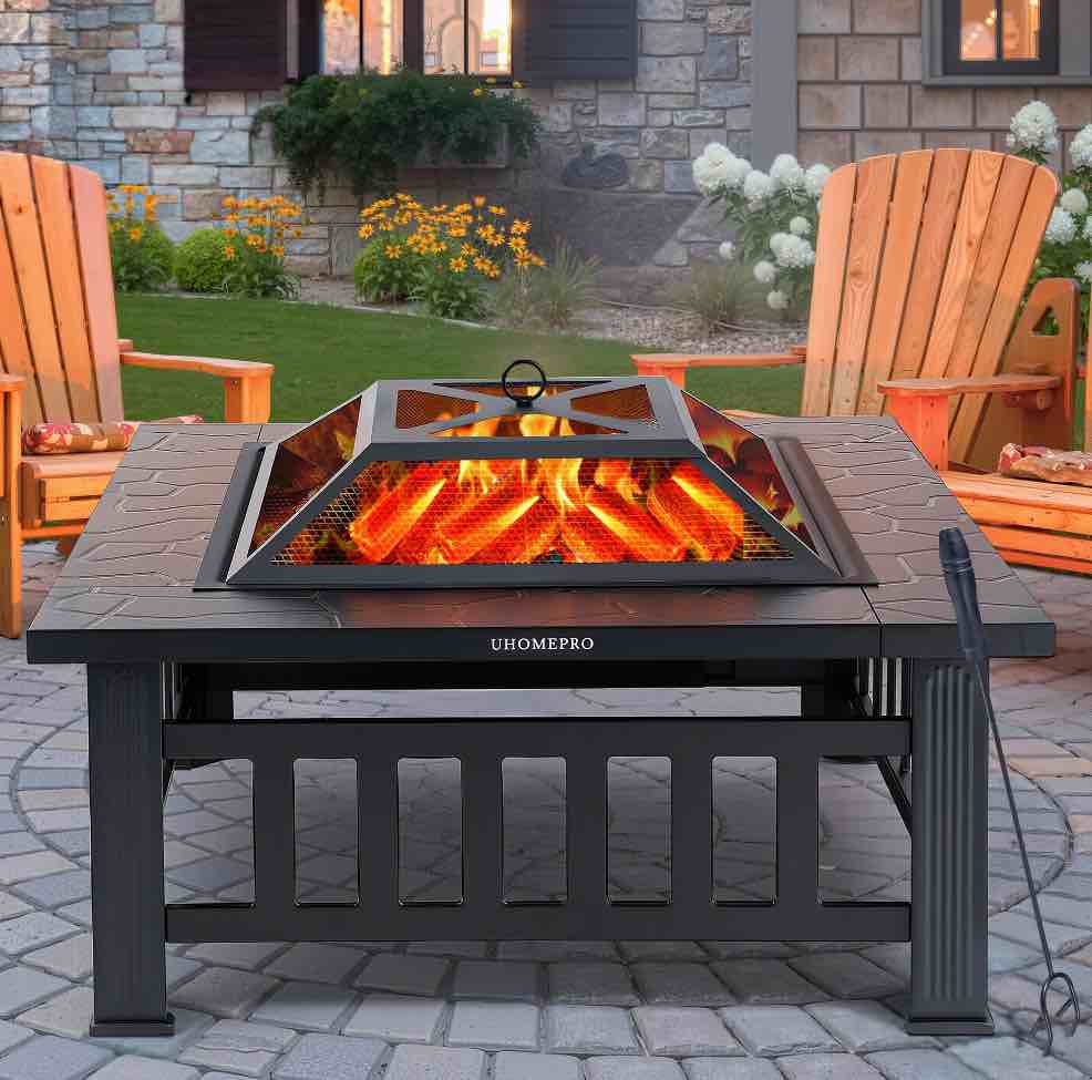 Fire Pits for Outside, 32" Wood Burning Fire Pit Tables with Screen Lid, Poker, BBQ Net, Ice Tray, Food Clip and Cover, Backyard Patio Garden Outdoor Fire Pit/Ice Pit/BBQ Fire Pit, Black