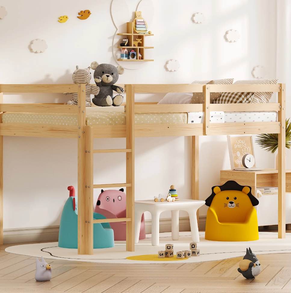 Zimtown Twin Size Loft Bed with Stairs Wood Low Sturdy Loft Bed for Bedroom, Wood Color