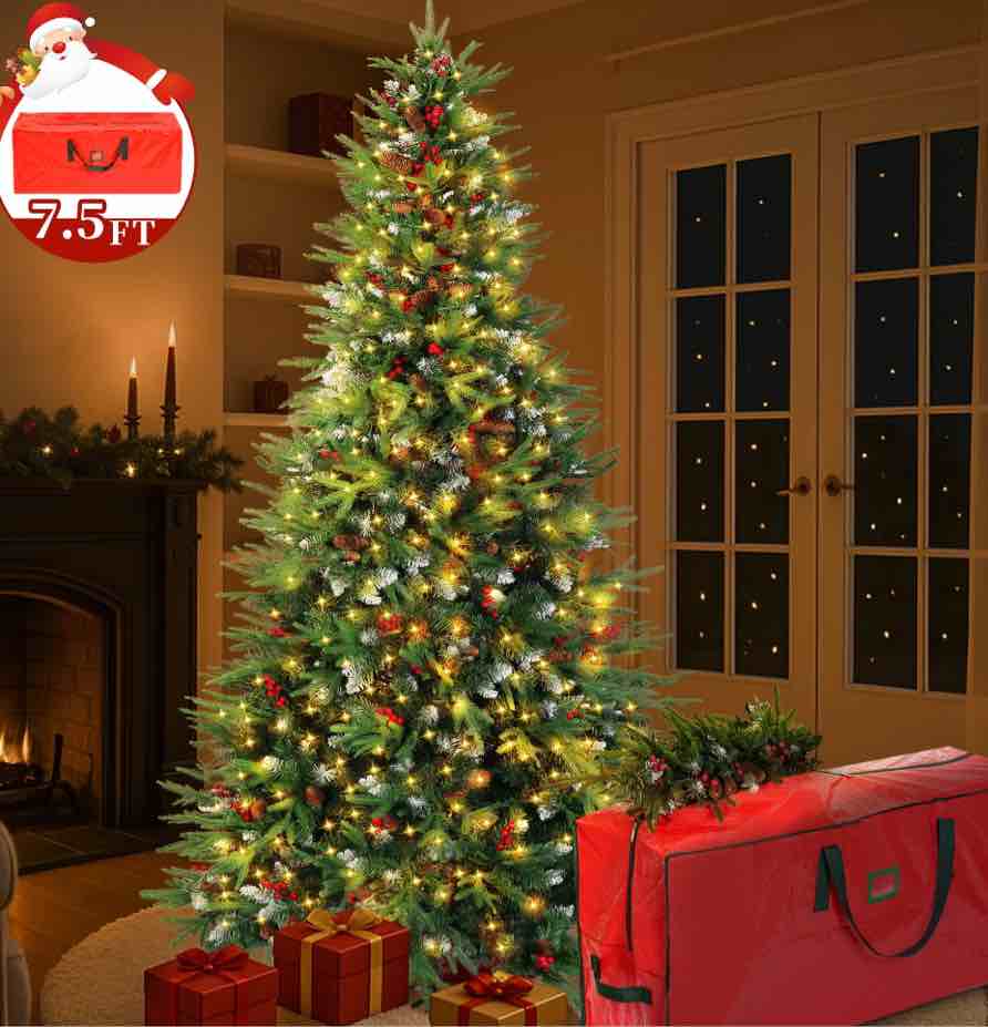Yexmas 7.5ft Pre-Lit Artificial Christmas Trees,Green Xmas Tree with Large Christmas Tree Storage Bag,Pinecones, Berries, Realistic Artificial Christmas Trees for Home, Office, Party Decoration