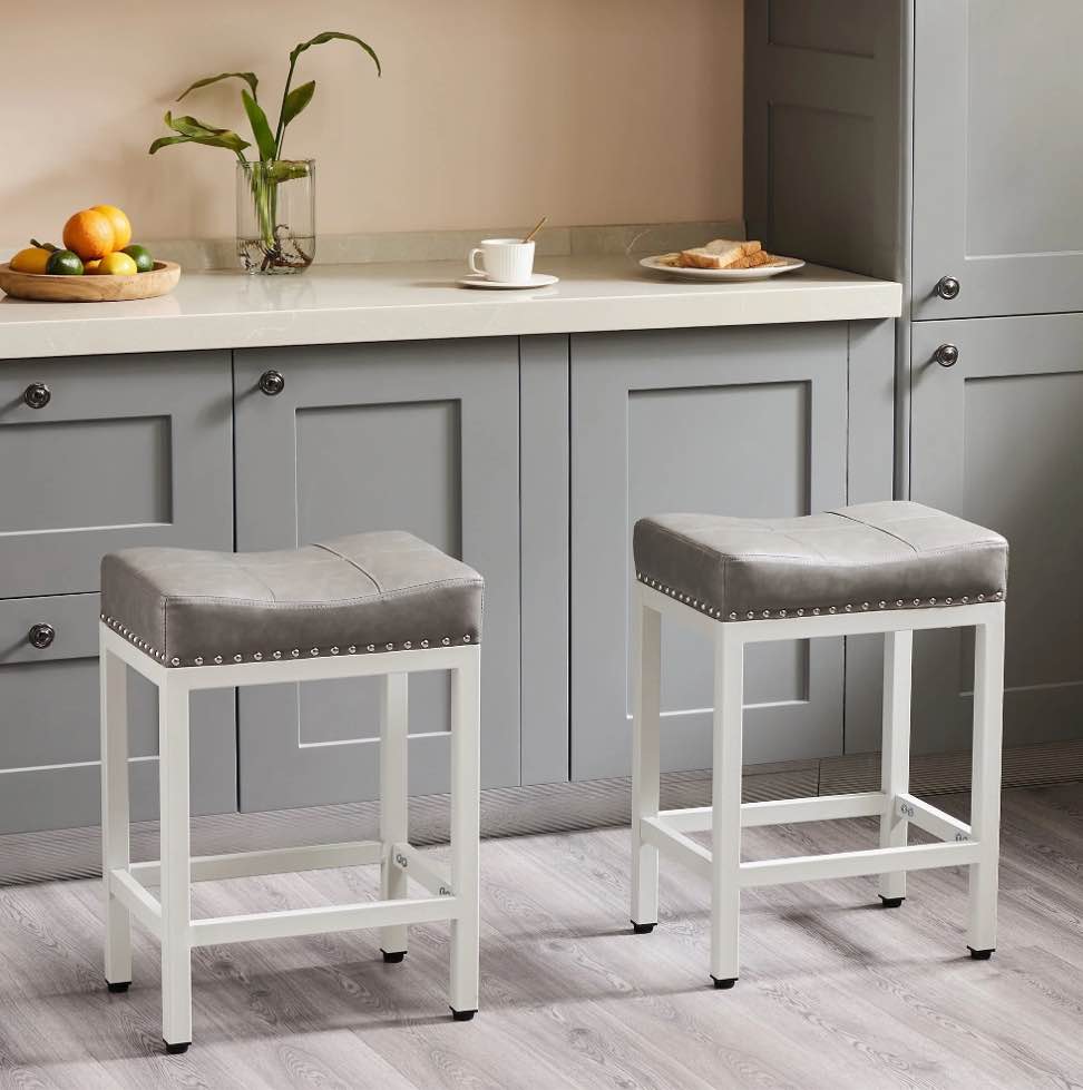 edx Bar Stools Set of 2, Modern Counter Height, 24 Inch Kitchen Barstools with Metal Base, PU Leather Saddle Seats for Kitchen Island, Gray