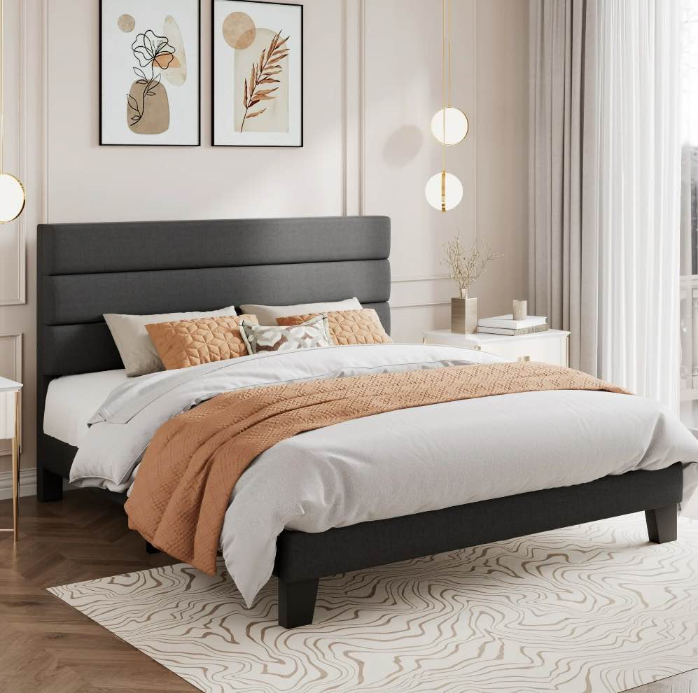 Amolife Full Bed Frame Platform Bed Frame with Fabric Upholstered Headboard Dark Grey