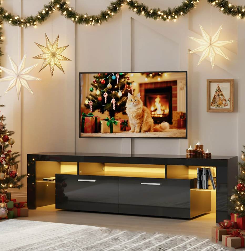 Black TV Stand for Living Room, Modern TV Stand with LED Light, TV Cabinet Media Storage Console Table Bedroom Furniture with Drawer and Shelves, Universal TV Stand High-Gloss for Home, Q8981