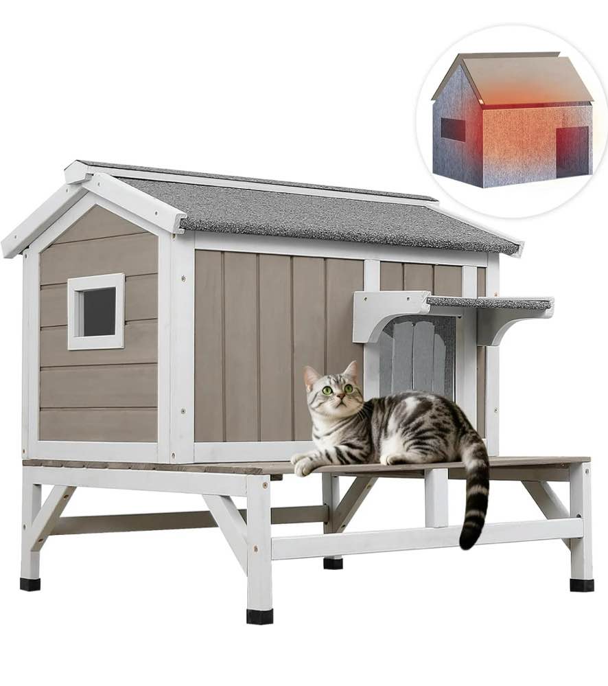 PETSCOSSET Insulated Outdoor Cat House Wooden Cat Shelter with Elevated Base for Winter