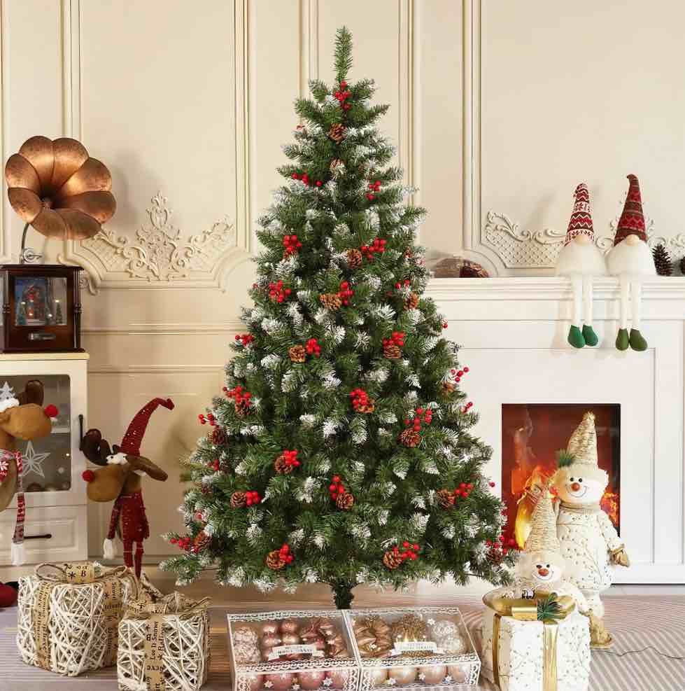 JUSTLET 6FT Pre-Lit Berry Christmas Tree with 300 Warm White LEDs, Snowflake & Pine Cone Decor, Easy Assembly Metal Hinges for Holiday Decorations
