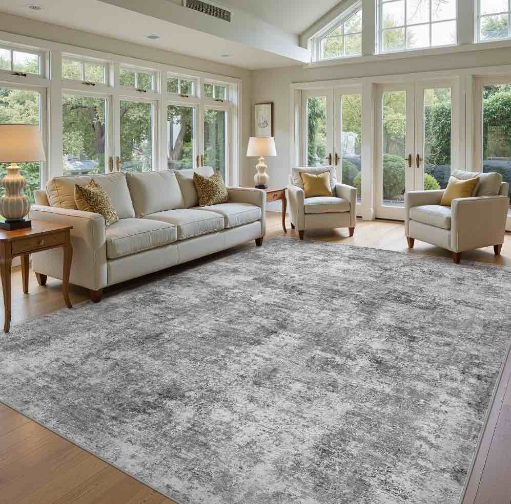 UERMEI 8'x10' Washable Area Rugs for Living Room, Modern Abstract Printed Carpet, Non Slip Indoor Rug for Bedroom Home Decor Carpets, Gray