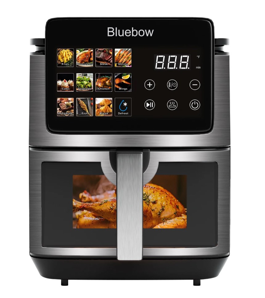 Bluebow 9QT Air Fryer with Large Touch Screen, 12-In-1 Multi-Functional, Visible Window, Oil-Free Cooking, Black