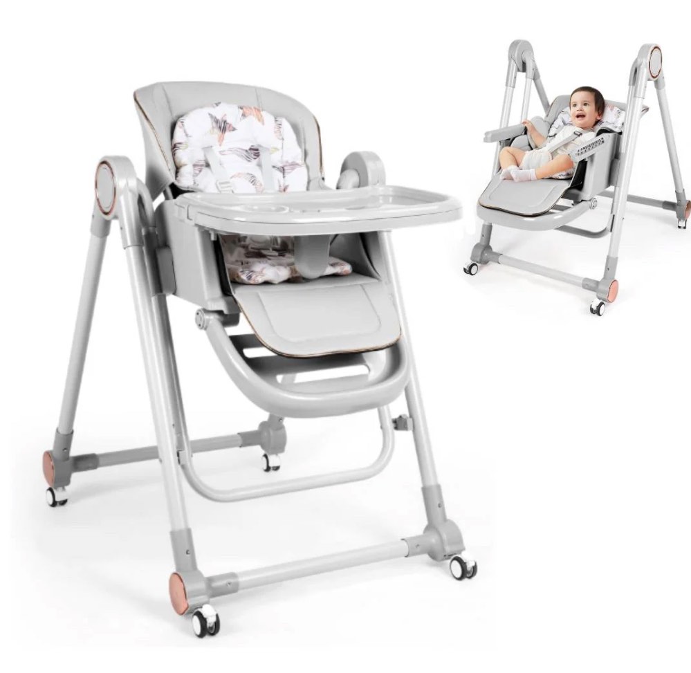 Loewten 3-in-1 Baby High Chair,Convertible Baby Swing,Foldable Infant Dining Chairs Seat with Wheels for Babies and Toddlers,Gray