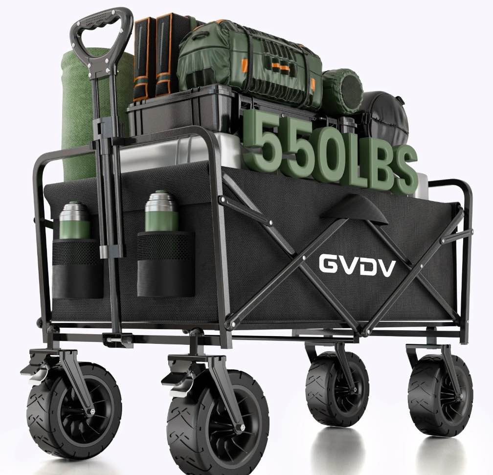 GVDV Collapsible Folding Wagon, 550LBS Large Heavy Duty Utility Cart with All-Terrain Wheels and Adjustable Handles for Shopping, Camping, Sports, Outdoor, Beach, Black