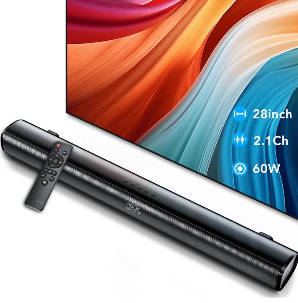 Sound Bar for TV, 60W Soundbar TV Speakers, 2.1 ch Home Theater with Subwoofer Boost, 3 Equalizer Modes, Soundbar for TV/PC/Gaming/Projectors, Bluetooth, OPT, COX, USB & AUX Wall Mountable