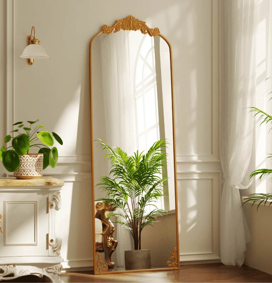 BEAUTYPEAK 66"x21" Arched Full Length Mirror Metal Vintage Mirror Baroque Style,Gold