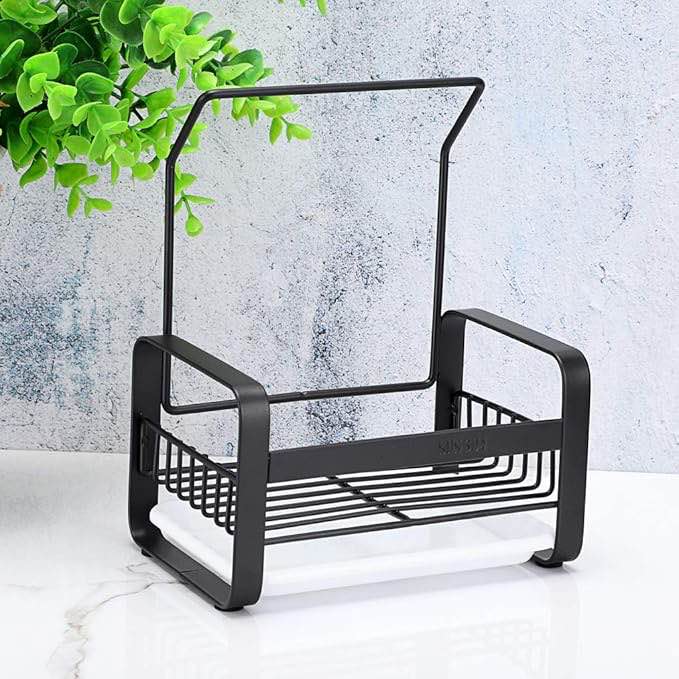 JUXYES Stainless Steel Sponge Holder with Dishcloth Drying Rack, Kitchen Sink Organizer Caddy Tray S