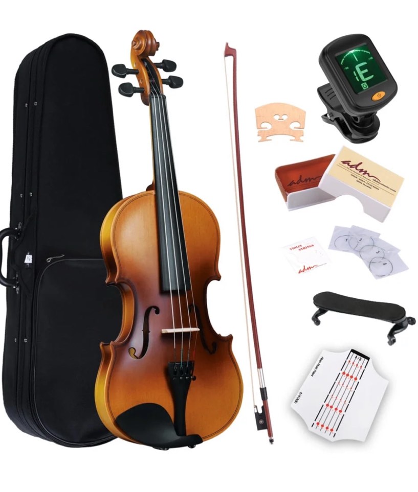 ADM Violin 4/4 Full Size, Adults Violin Beginner Set with Fingerboard Sticker, Shoulder Rest and Tuner
