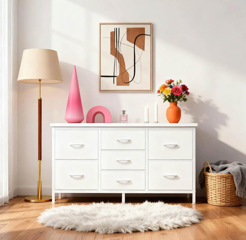 edx 7 Drawer Dresser for Bedroom, 47.2" Fabric Chest, TV Stand for 50, 55 inch TV, Wide Storage Organizer for Closet, Hallway & Living Room, White