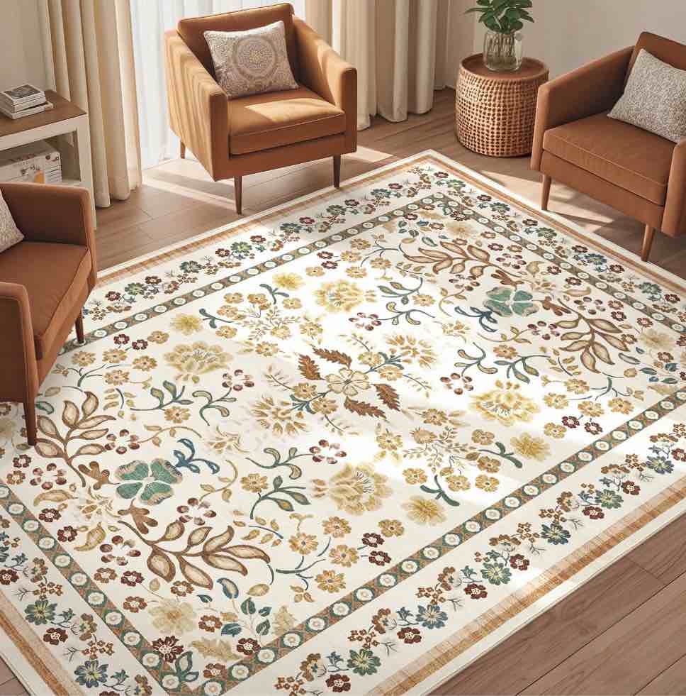 Toyoso 9x12 Area Rug Living Room Rugs - Washable Vintage Floral Soft Thin Large Rug Indoor Floor No Slip Rug Carpet for Bedroom Under Dining Table Home Office Decor - Brown Green