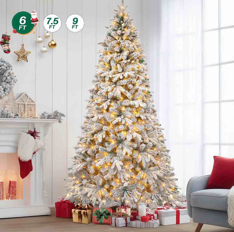 Firstness 6ft Pre-Lit Artificial Christmas Tree with 300 LED Lights,Snow Flocked Xmas Tree