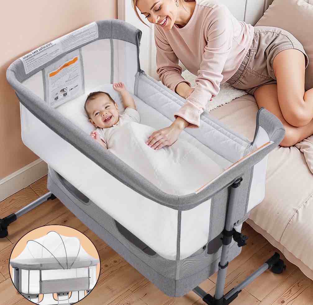 Vomeast Baby Bassinet Bedside Sleeper with Wheels, Adjustable Height, Storage Basket, Mosquito Net for Newborns Infants, Light Gray