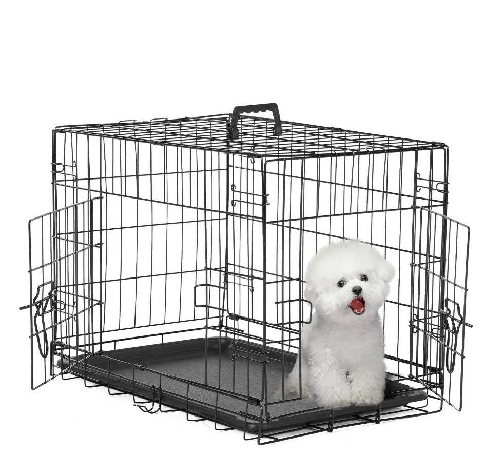 EDX Small Dog Crate with Divider Panel, 24" Double Door Folding Metal Wire Dog Cage with Plastic Leak-Proof Pan Tray