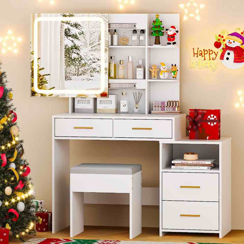 Ktaxon Lighted Makeup Vanity Table Set, Dressing Table with Sliding Mirror, Vanity Desk , White