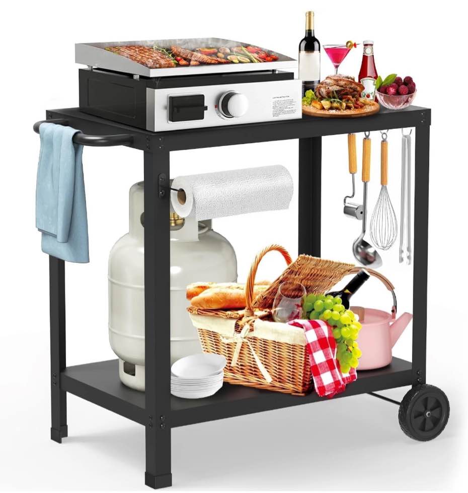 Outdoor Grill Cart with Wheels, Rolling Dining Table for Blackstone Griddle Stand, BBQ Kitchen Food Prep Table for Party