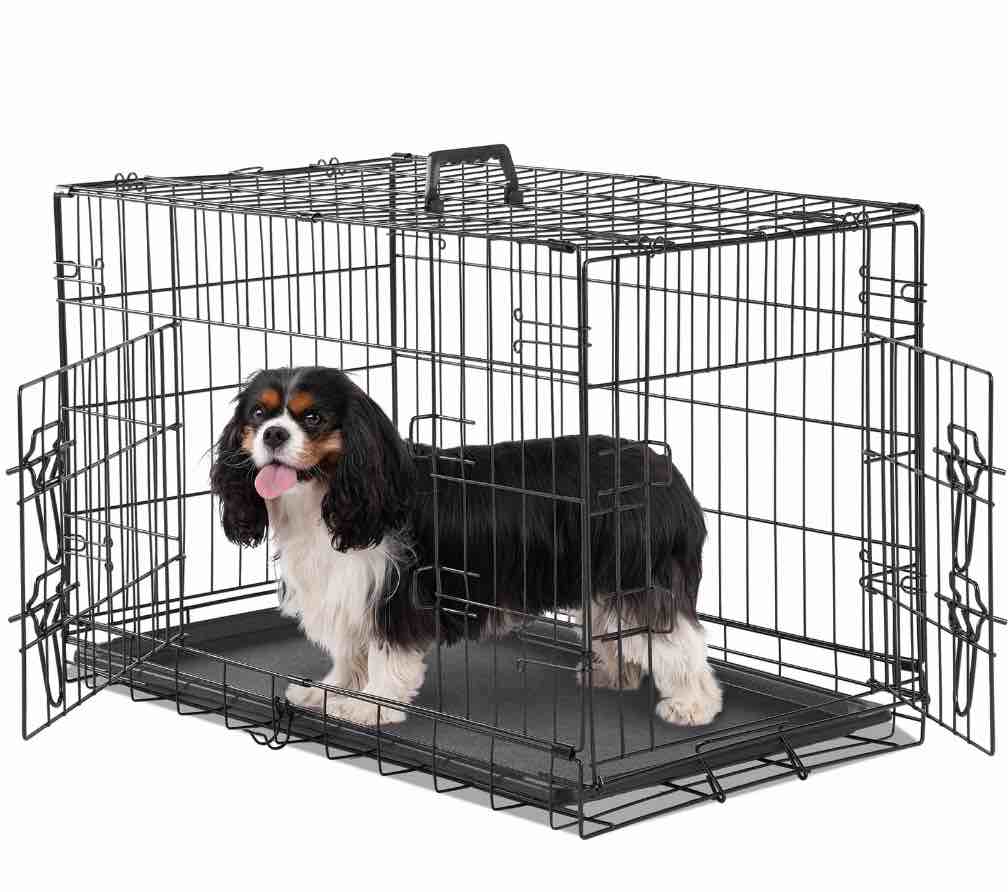 EDX Medium Dog Crate with Divider Panel, 30 Inch Double Door Folding Metal Wire Dog Cage with Plastic Leak-Proof Pan Tray