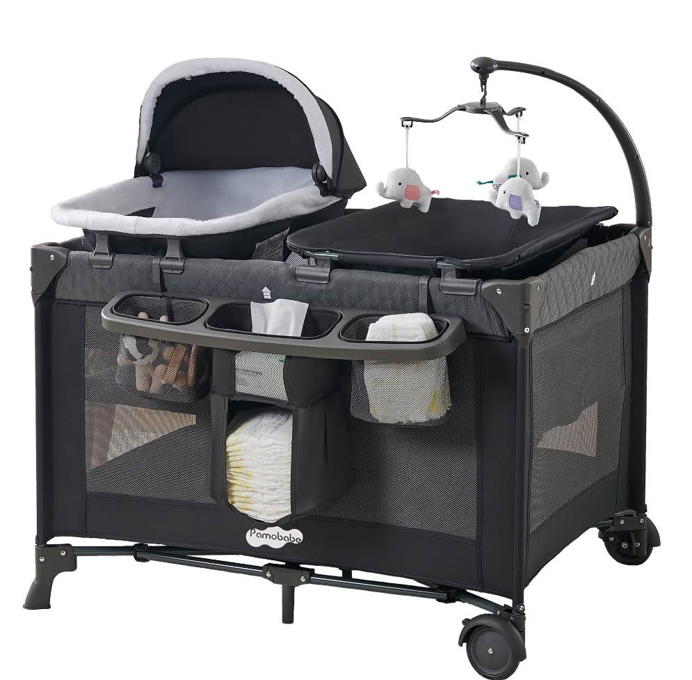 Pamo Babe 4-in-1 Baby Playard with Bassinet & Changing Table for Newborn,Grey