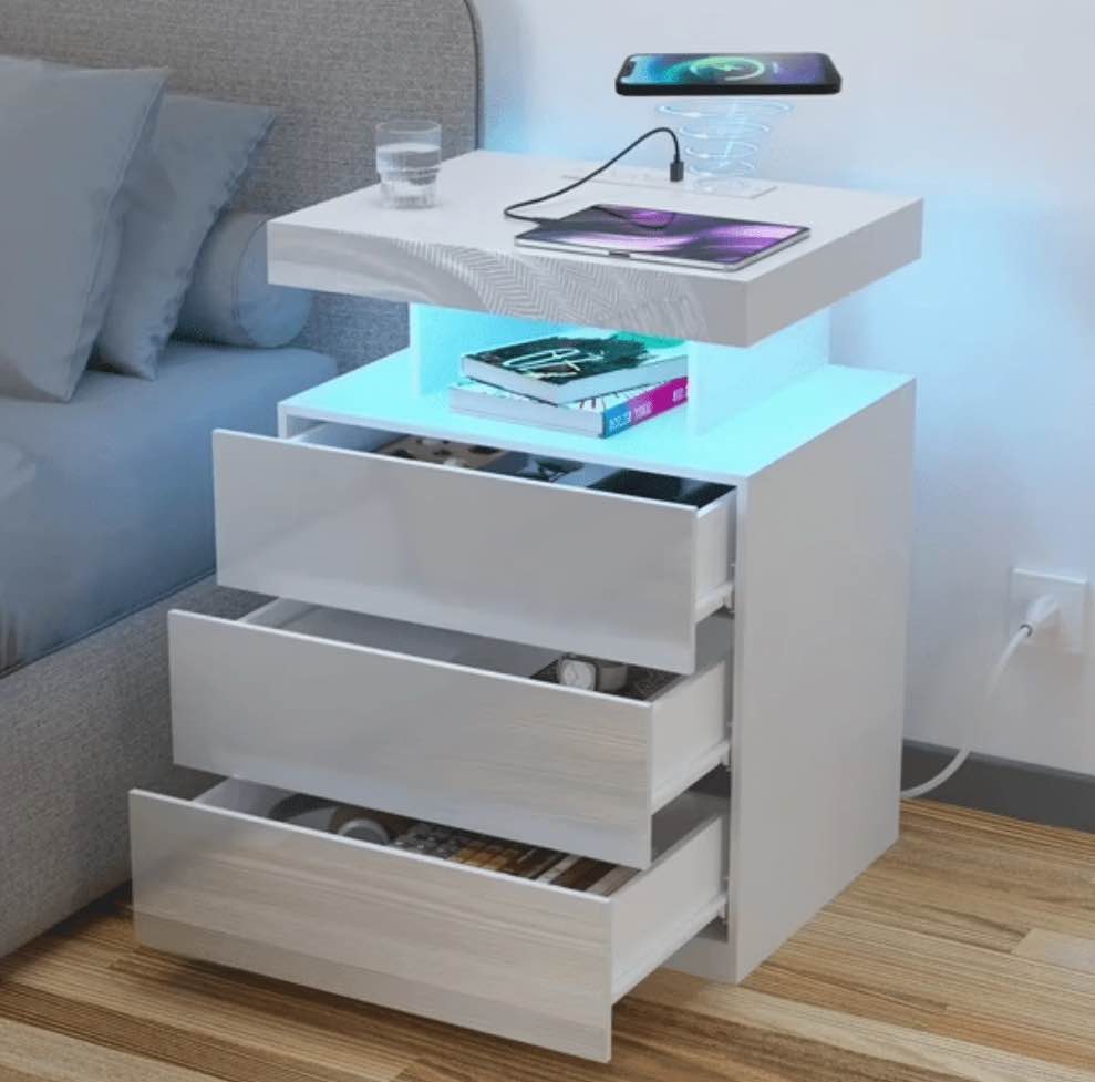 Hommpa LED Nightstand Wireless Charging Station USB Type C Outlets Bedside Table 3 Drawers White Night Table Modern Smart Nightstand High Gloss End Side Table for Bedroom Furniture 26.8" Tall