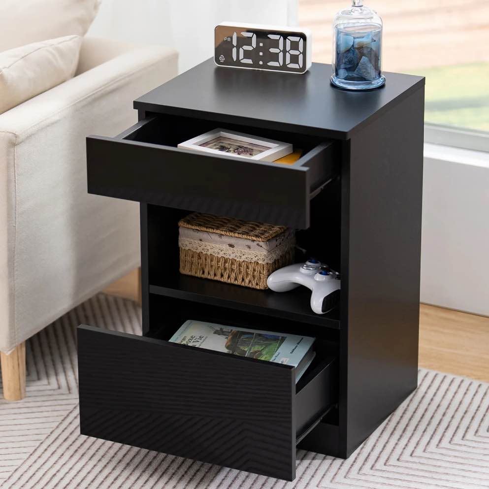 Hommpa Nightstand, 2 Drawer Nightstand Open Shelf Nightstands Bedside Table Modern End Tables Living Room High Gloss Side Table Bedroom Home Furniture Black
