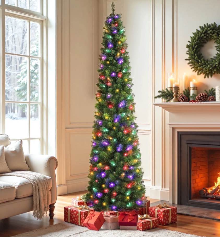 6.5ft Pre-Lit Pencil Christmas Tree, Artificial Xmas Tree with 150 Dual-Color LEDs, 10 Lighting Modes, Metal Stand, Green