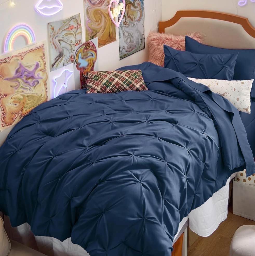 Cozy Comfort Navy Twin Comforter Pintuck Bed in A Bag, Pinch Pleat Bedding Sets with Comforters, Sheets, Pillowcases & Shams