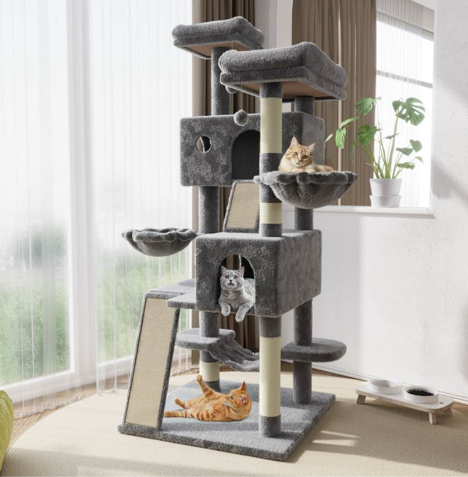 amolife 65.7  large cat tree condo tower for cats with hammock  2 scratching ramps & scratching post  gray
