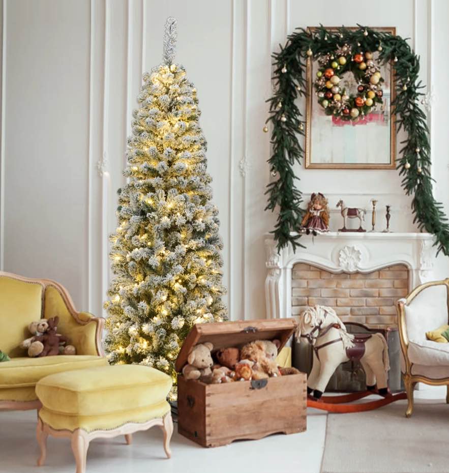 Gymax 6ft Pre-lit Pencil Snow Flocked Pencil Christmas Tree Holiday Decoration