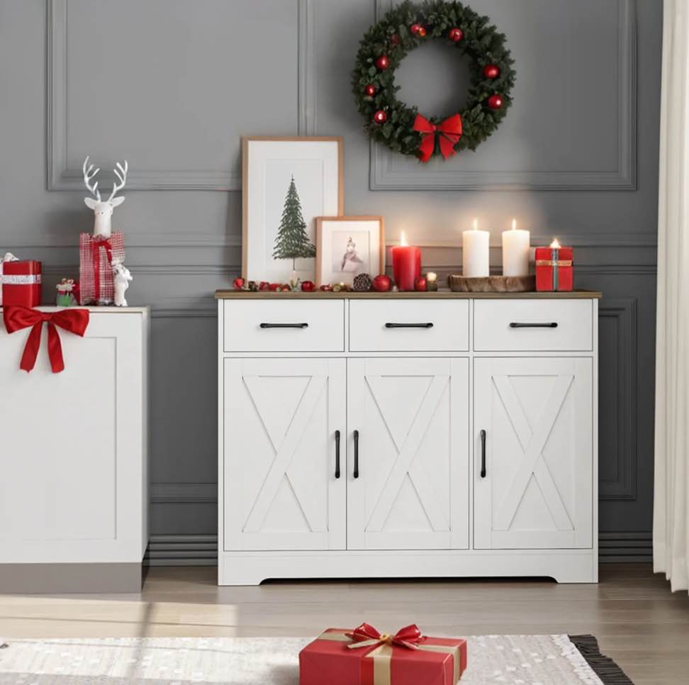 Homfa 42.5'' Kitchen Buffet Sideboard Cabinet, 3 Drawers Farmhouse Coffee Bar Storage Cabinet with Adjustable Shelf, White