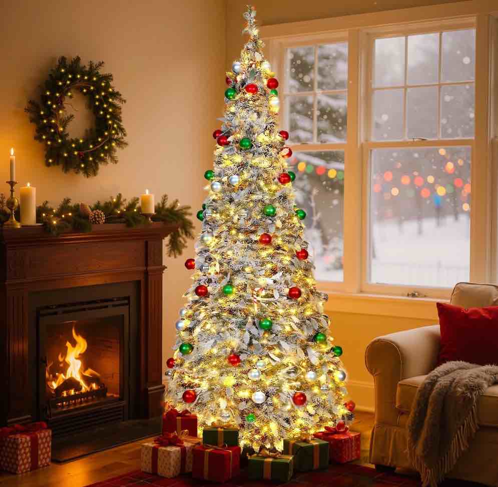 Lookfly 7.5FT Pop-Up Artificial Christmas Tree with 450LED Lights,White Prelit Christmas Tree with Foldable Base