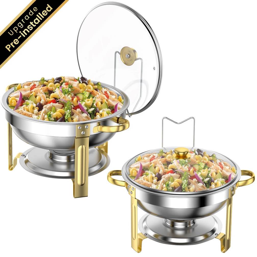 Chafing Dish Buffet Set 2 Pack: TINANA Stainless Steel Chafing Dishes with Glass Lid & Lid Holder, Round Food Warmers for Parties, Events, Wedding-Gold