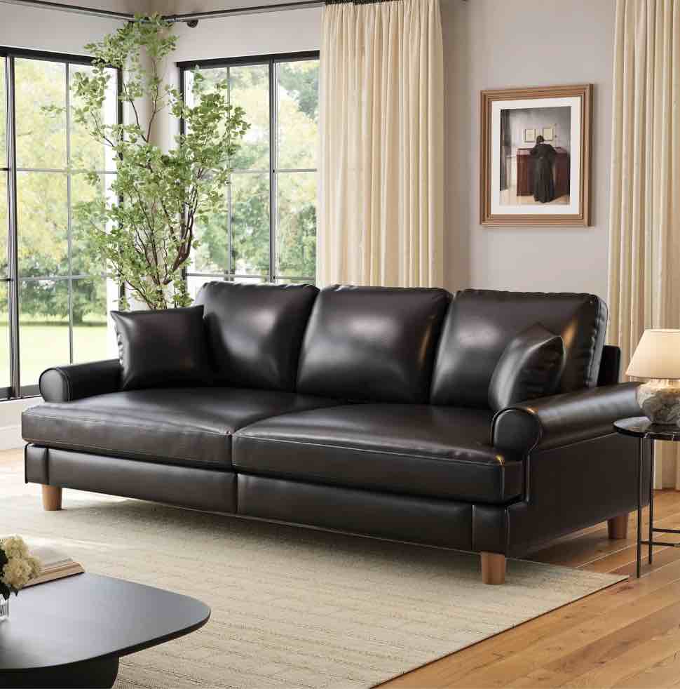 87" Couch Premium PU Leather Sofa, Comfy Extra Deep Seat 3 Seater Couch for Living Room, with 2 Pillows, Black