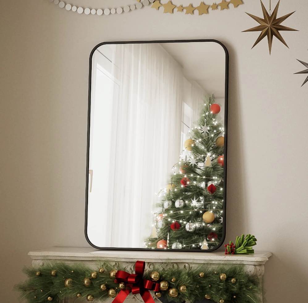 BEAUTYPEAK 26"x38" Wall Mirror Rounded Corners Hanging Vanity Mirror Black
