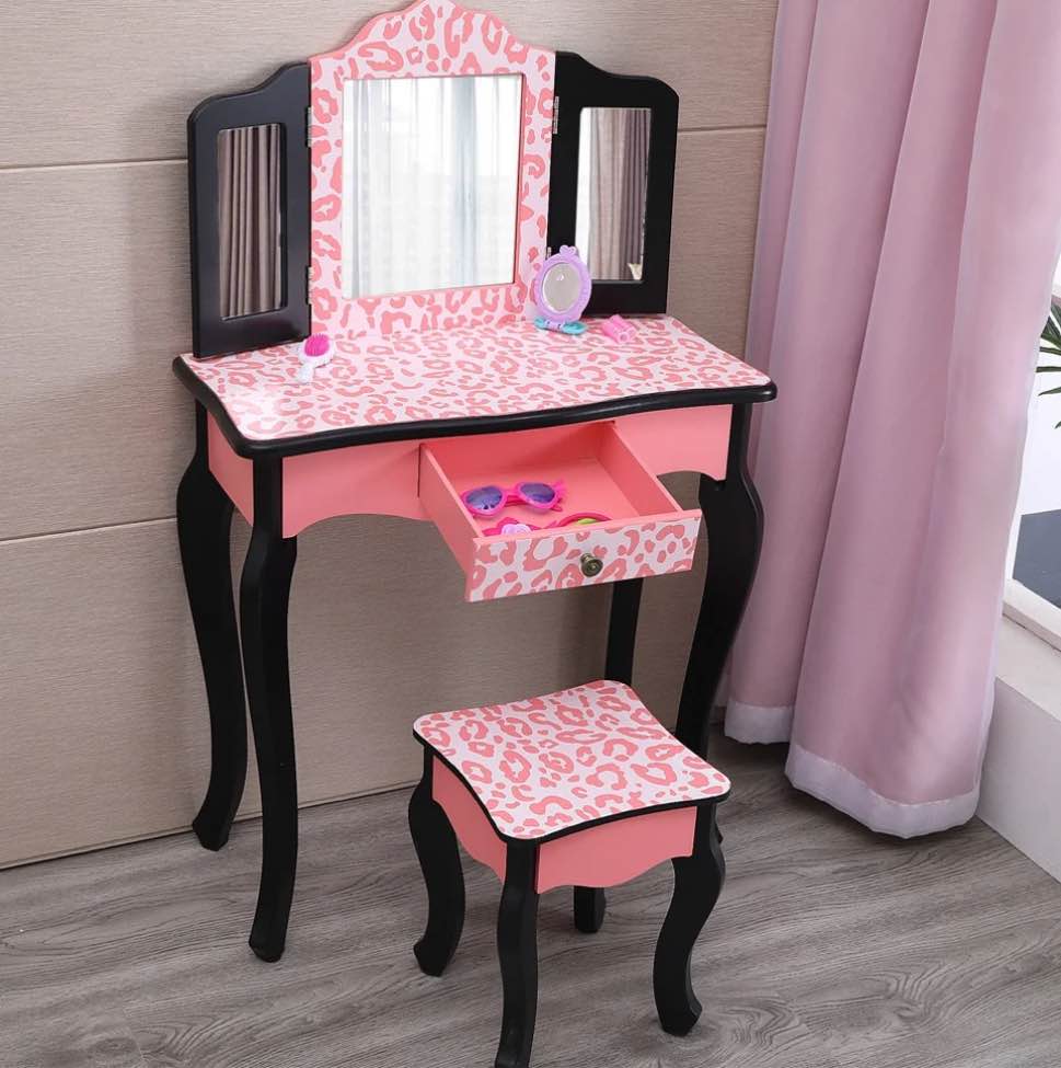 Ktaxon Kids  Wooden Vanity Table and Stool Set with 3 Mirrors  Princess Makeup Dressing Table Children s Furniture