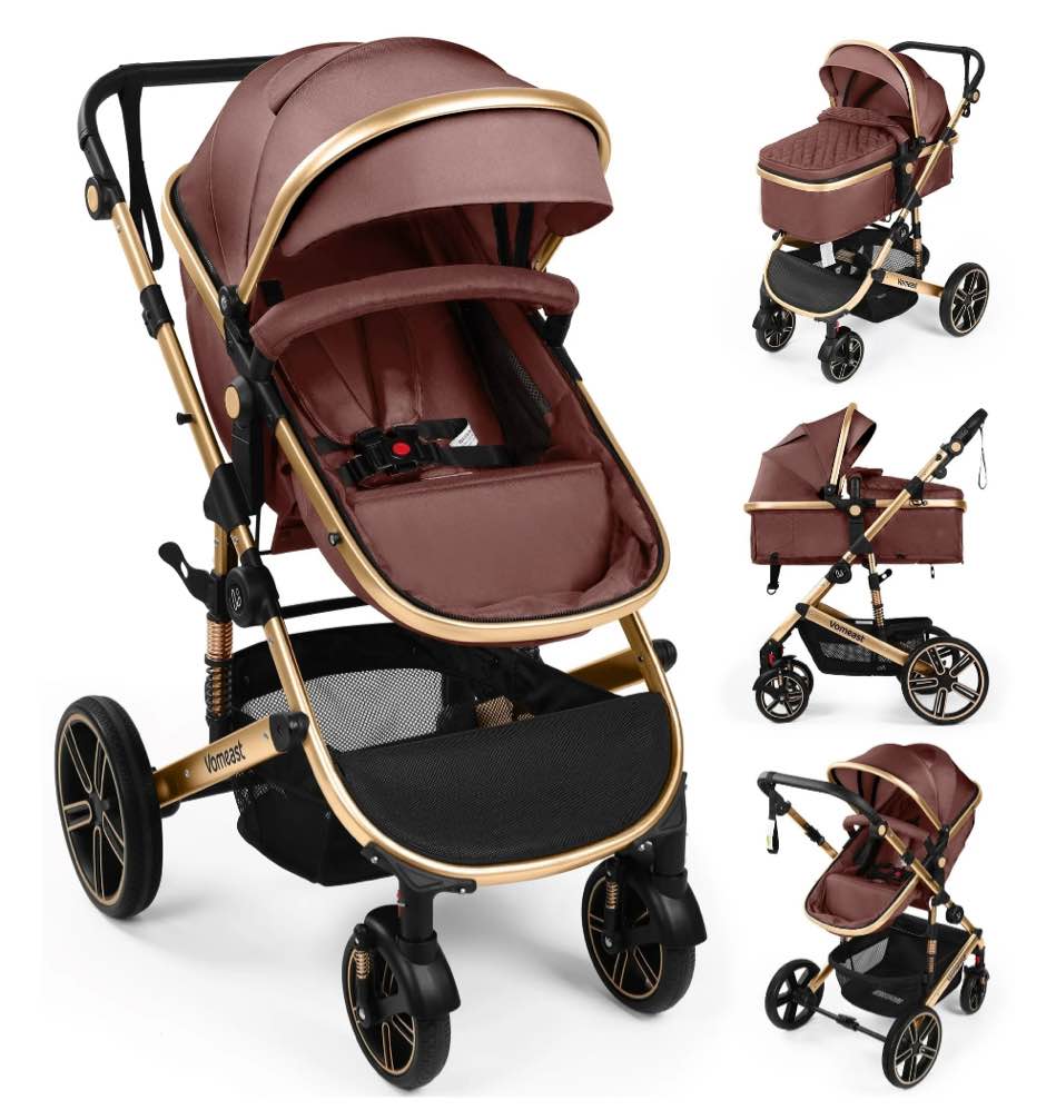 Vomeast Baby Stroller, Foldable Aluminum Alloy Stroller with Reversible, Travel Stroller for Newborn Infant, Brown