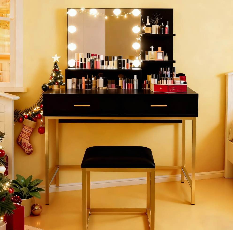 Ktaxon Vanity Table Set with 3 Color Lighted Mirror, Makeup Dressing Table with 2 Large Drawer and 3 Shelf, Dresser Table for Women,Black