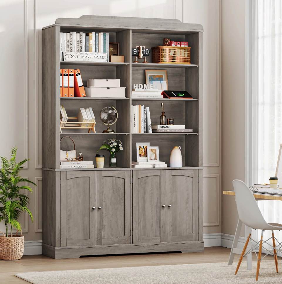 Homfa 73'' Tall Bookcase with 4 Doors, 6-Tier 8 Cubes Display Bookshelf, Double Row Bookcase with Adjustable Shelves for Living Room Home Office, Gray