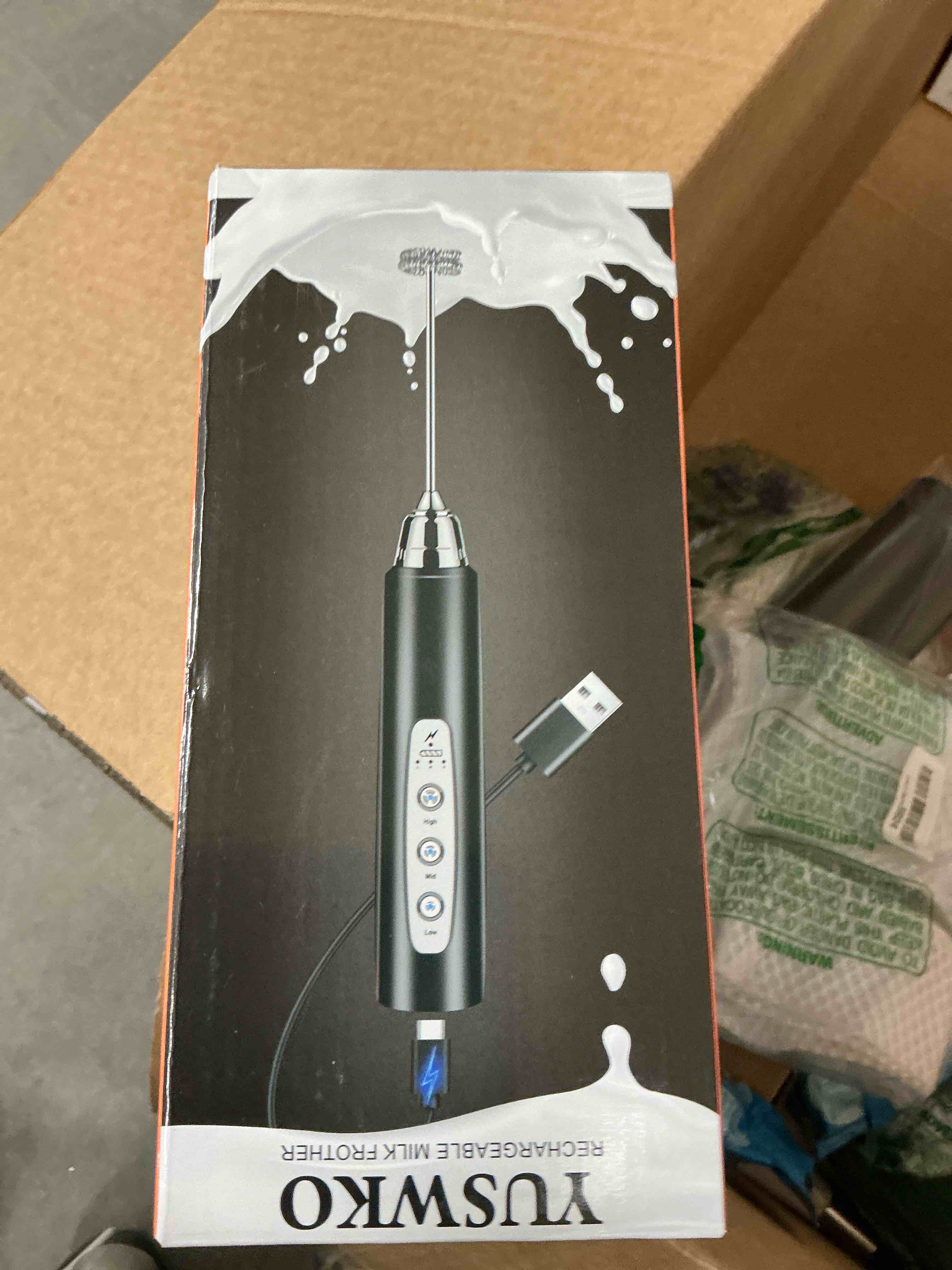 Condition photo showing Good Condition for YUSWKO Black Handheld Milk Frother Wand for Coffee, Rechargeable Electric Whisk with 3 Heads 3 Speeds Drink Mixer Coffee Frother For Latte, Cappuccino, Hot Chocolate, Egg Black Without Stand