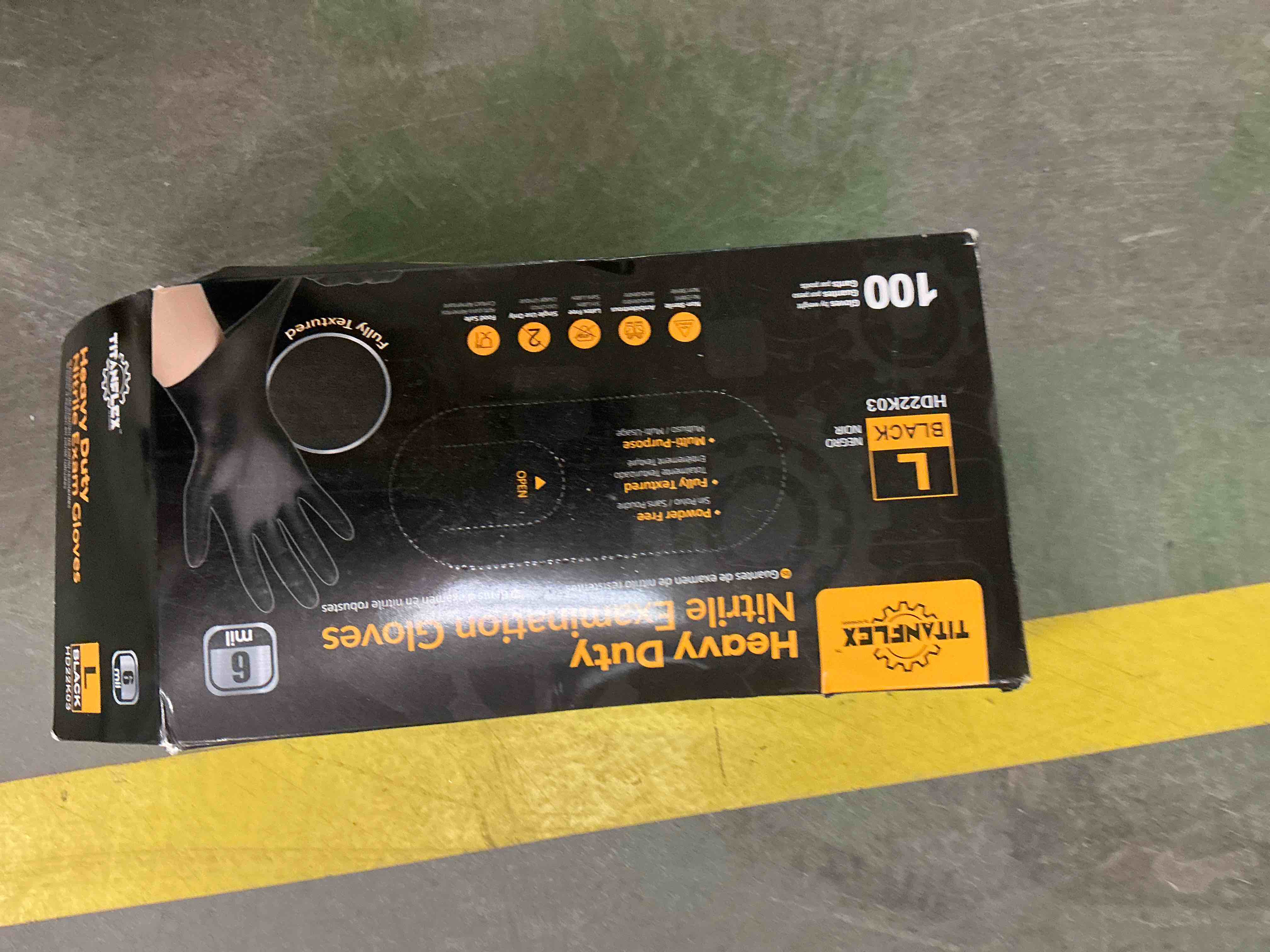 Condition photo showing New/Like New for TitanFlex Heavy Duty Black Nitrile Gloves, 6 Mil, Fully Textured, Mechanic Disposable Gloves, Latex Free, Powder Free 03 Black (L, 100ct)