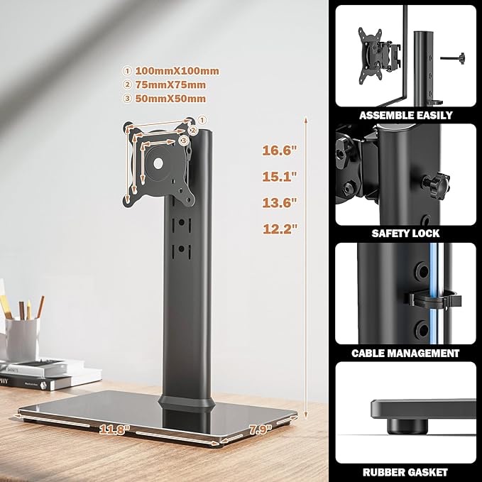 Condition photo showing New/Like New for Hemudu Single LCD Computer Monitor Free-Standing Desk Stand Riser for 13 inch to 32 inch Screen with Swivel, Height Adjustable, Rotation, Holds One (1) Screen up to 77Lbs(HT05W-001) White