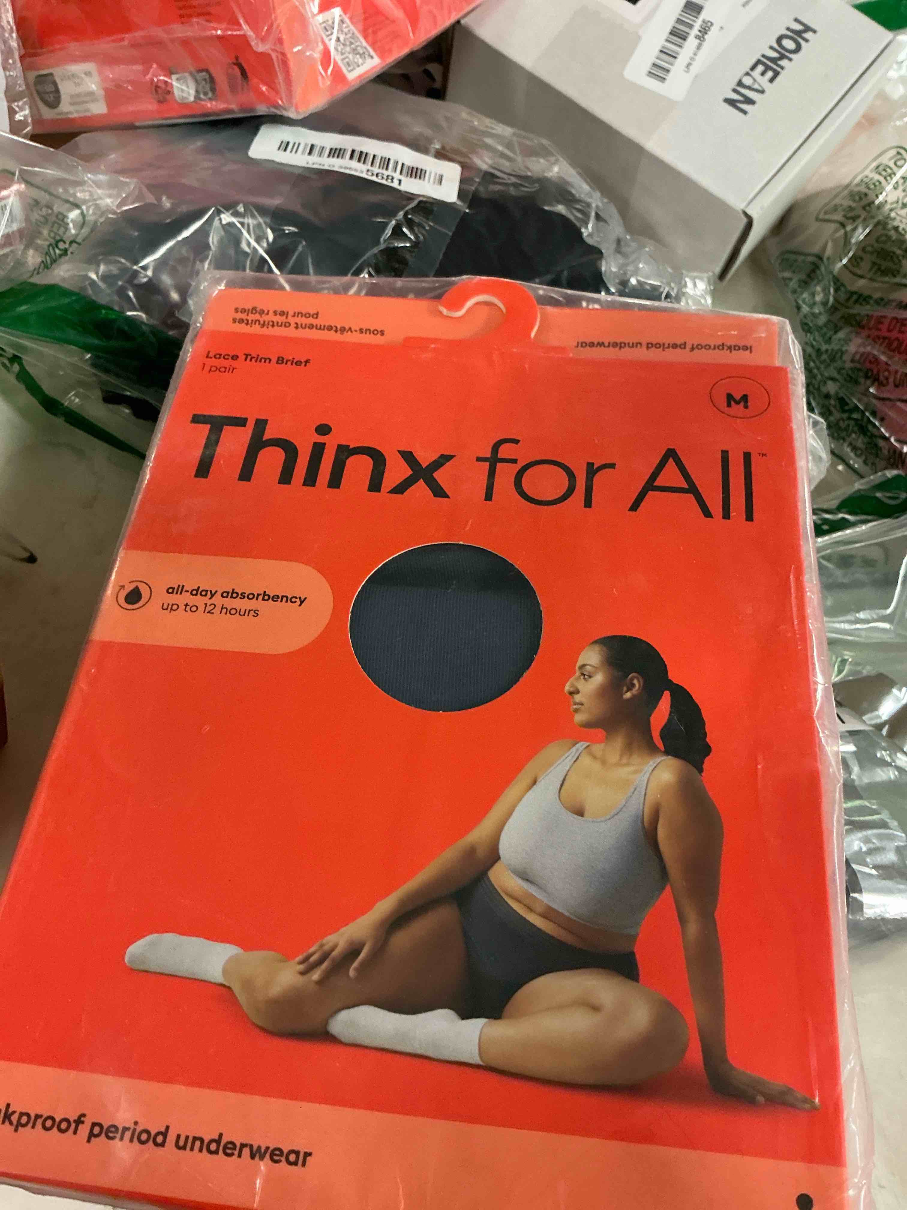 Condition photo showing New/Like New for Thinx for All Period Underwear, Everyday Comfort Brief, Holds Up to 12 Regular Tampons*, Period Panties, Leakproof, Reusable & Controls Odor, Black + Storm with Lace, 2 Pack,