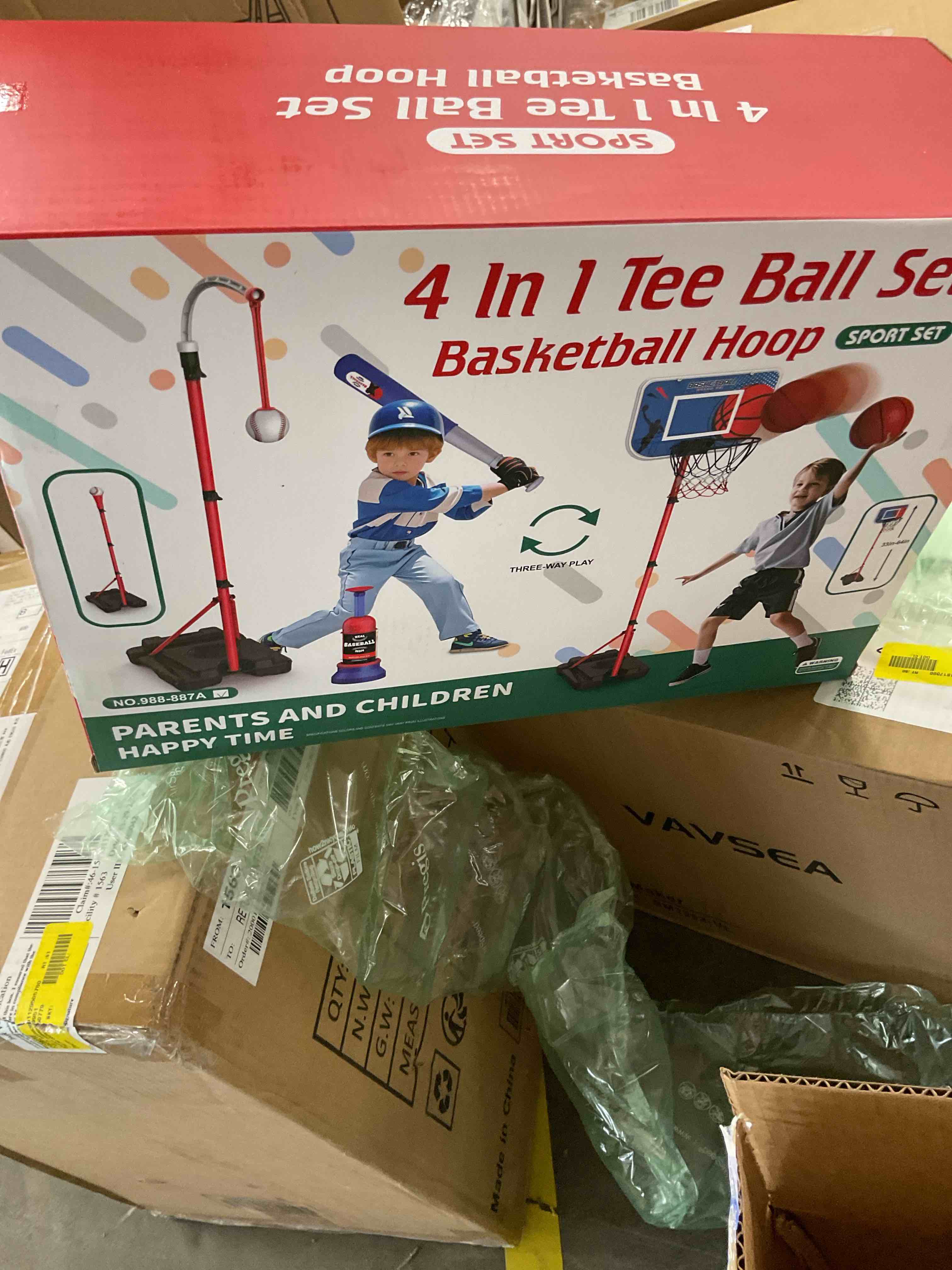 Condition photo showing New/Like New for JoyStone 4 in 1 Kids Basketball Hoop and T Ball Set for Kids, Adjustable Height Basketball Hoop, Hanging Tee Ball Stand with Automatic Pitching Machine, Sports Gifts Toys for Boys Girls