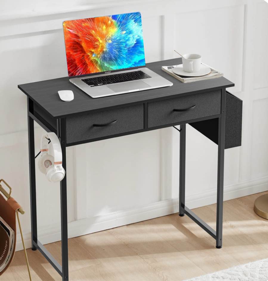 concetta 32 inch small desk with fabric drawers for adult, vanity desk with storage for bedroom, black