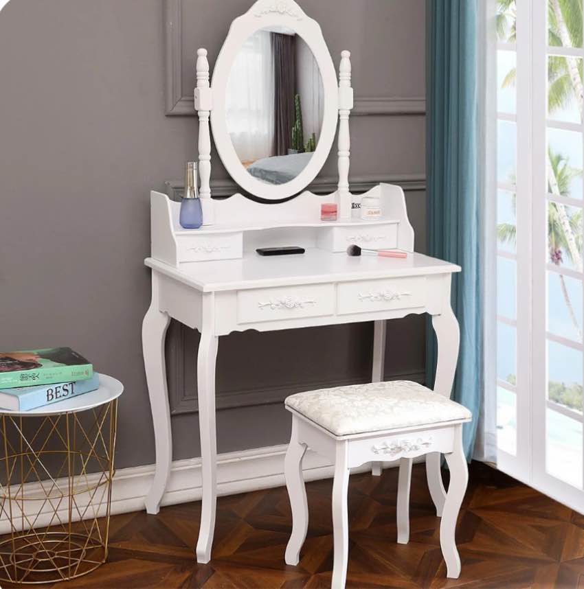 Ktaxon Elegance White Dressing Table Vanity Table and Stool Set Wood Makeup Desk with 4 Drawers & Mirror