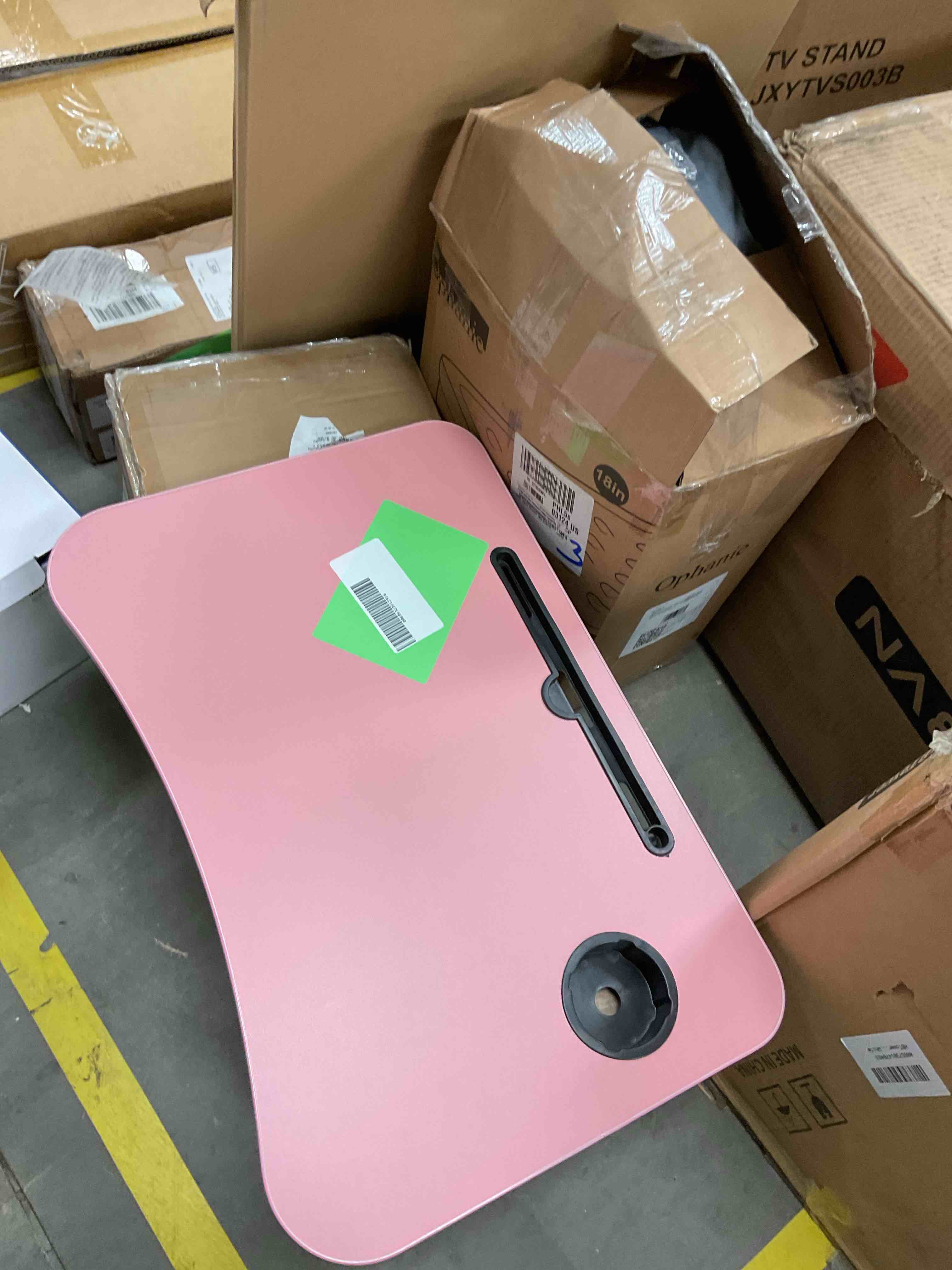 Condition photo showing Good Condition for PHANCIR Foldable Lap Desk, 23.6 Inch Portable Wood Laptop Desk Table Workspace Organizer Bed Tray with iPad Slots, Cup Holder and Drawer, Anti-Slip for Working Reading Writing, Eating, Watching-Pink