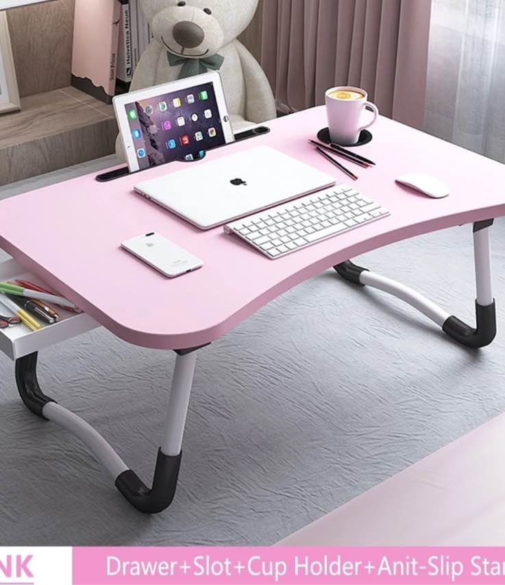 PHANCIR Foldable Lap Desk, 23.6 Inch Portable Wood Laptop Desk Table Workspace Organizer Bed Tray with iPad Slots, Cup Holder and Drawer, Anti-Slip for Working Reading Writing, Eating, Watching-Pink