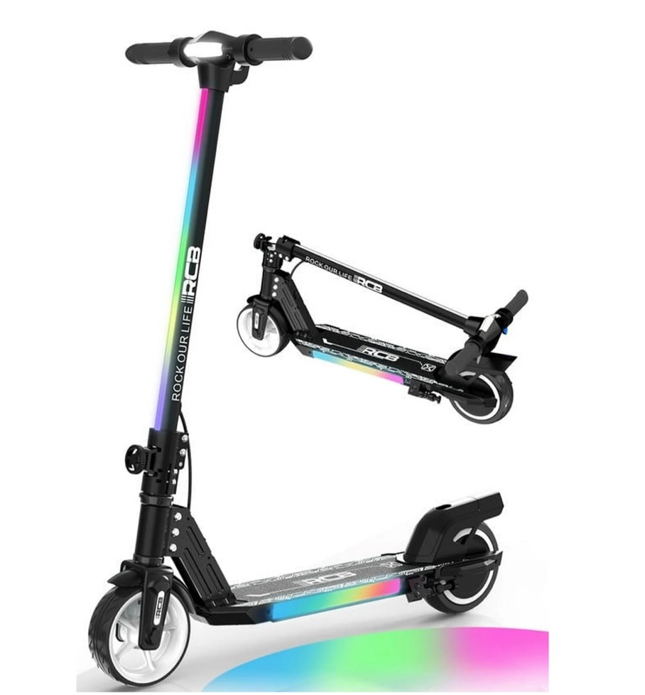 RCB Electric Scooter for Kids,Max Speed 9.3 mph,6.5 Miles Range,Rainbow LED Lights&Display,Foldable&Portable,Black 